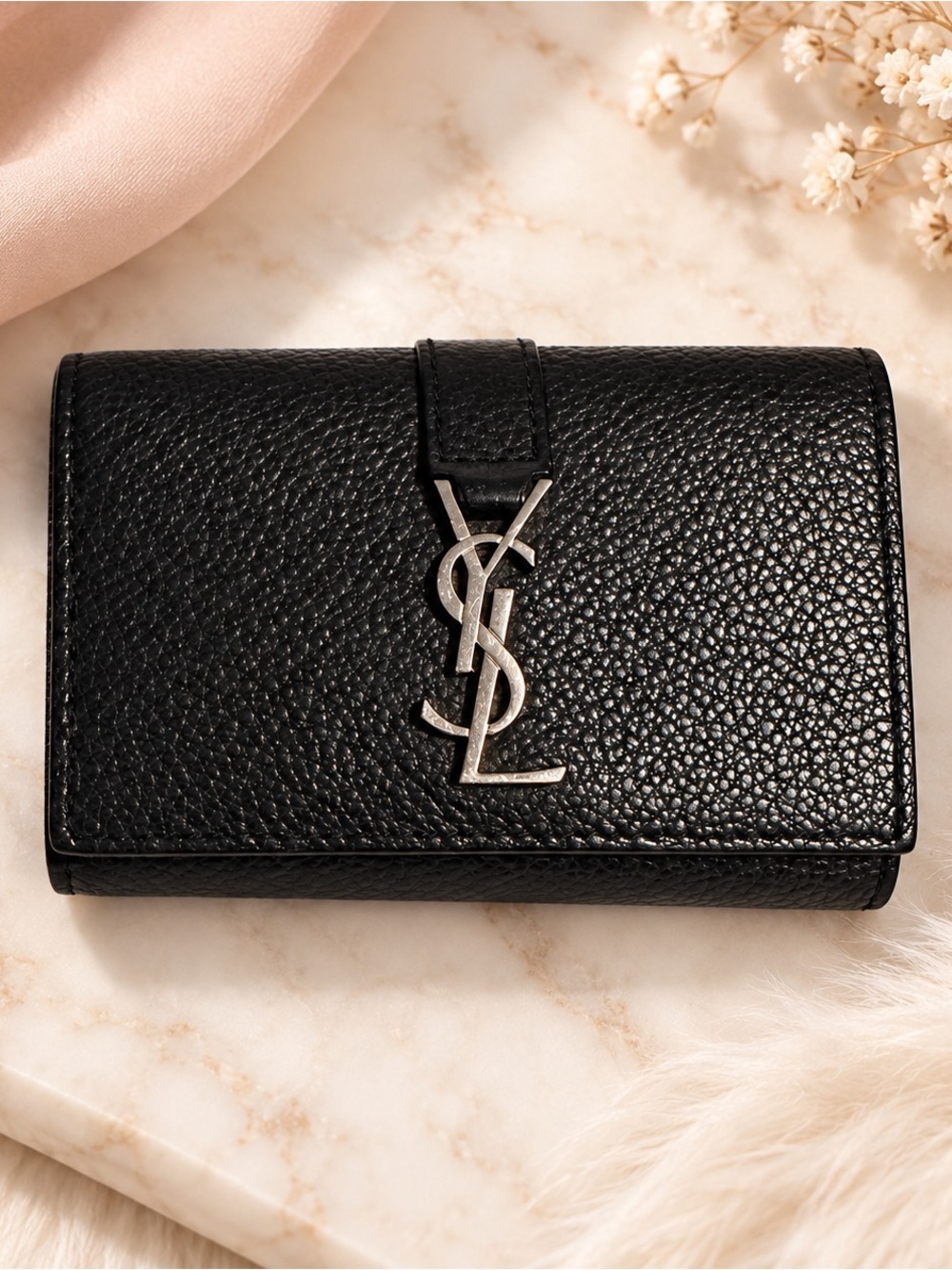 Saint Laurent YSL Black Leather 6 Key Holder Silver Cassandre